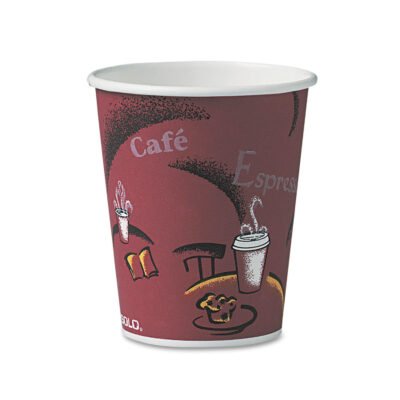 Paper Hot Drink Cups in Bistro Design, 10 oz, Maroon, 50/Pack