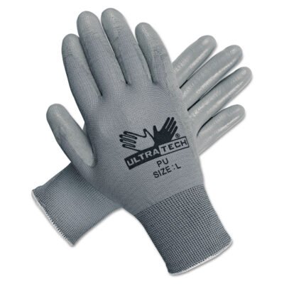 Ultra Tech TaCartonile Dexterity Work Gloves, White/Gray, Large, 12 Pairs