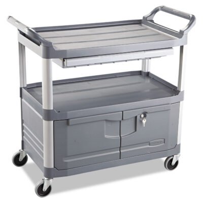 Xtra Instrument Cart with Locking Storage Area, Plastic, 3 Shelves, 300 lb Capacity, 20″ x 40.63″ x 37.8″, Gray