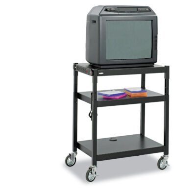Adjustable-Height Steel AV Cart, Metal, 3 Shelves, (5) AC Outlets, 120 lb Capacity, 27.25″ x 18.25″ x 36.5″, Black
