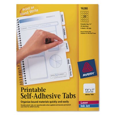 Printable Plastic Tabs with Repositionable Adhesive, 1/5-Cut, White, 1.25″ Wide, 96/Pack