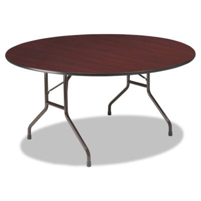 OfficeWorks Wood Folding Table, Round, 60″ Diameter x 29h, Mahogany Top, Gray Base