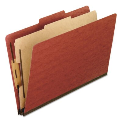 Four-Section Pressboard Classification Folders, 2″ Expansion, 1 Divider, 4 Fasteners, Legal Size, Red Exterior, 10/Box