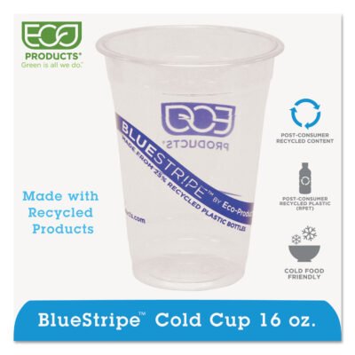 BlueStripe 25% Recycled Content Cold Cups, 16 oz, Clear/Blue, 50/Pack, 20 Packs/Carton