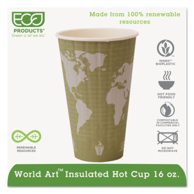 World Art Renewable and Compostable Insulated Hot Cups, PLA, 16 oz, 40/Packs, 15 Packs/Carton