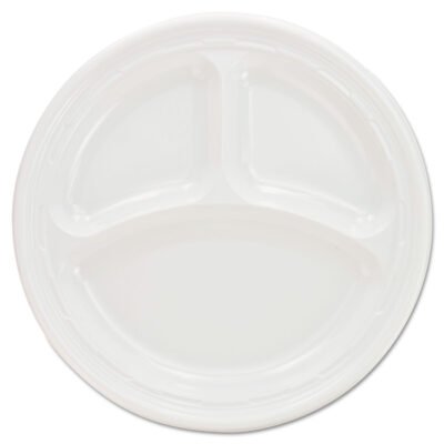 Plastic Plates, 3-Compartment, 9″ dia, White, 125/Pack, 4 Packs/Carton