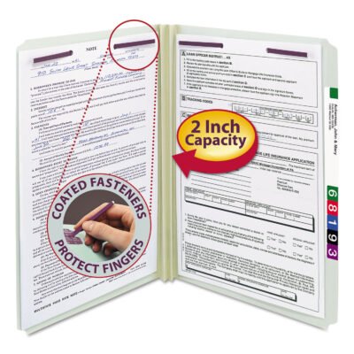 Recycled Pressboard Fastener Folders, Straight Tabs, Two SafeSHIELD Fasteners, 2″ Expansion, Legal Size, Gray-Green, 25/Box