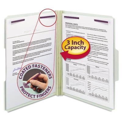 Recycled Pressboard Fastener Folders, 1/3-Cut Tabs, Two SafeSHIELD Fasteners, 3″ Expansion, Letter Size, Gray-Green, 25/Box