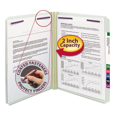 Recycled Pressboard Fastener Folders, Straight Tabs, Two SafeSHIELD Fasteners, 2″ Expansion, Letter Size, Gray-Green, 25/Box