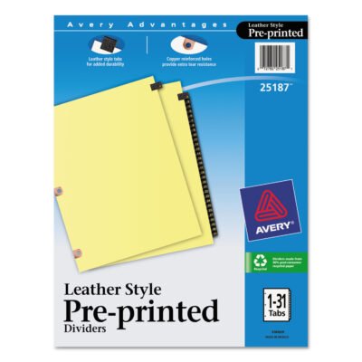 Preprinted Black Leather Tab Dividers w/Copper Reinforced Holes, 31-Tab, 1 to 31, 11 x 8.5, Buff, 1 Set