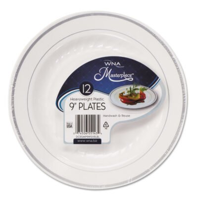 Masterpiece Plastic Plates, 9″ dia, White/Silver, 10/Pack, 12 Packs/Carton