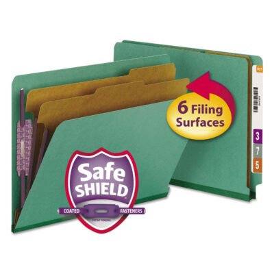 End Tab Pressboard Classification Folders, Six SafeSHIELD Fasteners, 2″ Expansion, 2 Dividers, Letter Size, Green, 10/Box