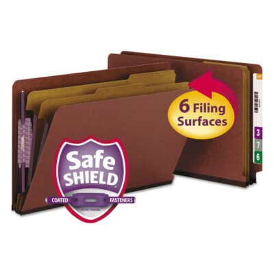 End Tab Pressboard Classification Folders, Six SafeSHIELD Fasteners, 2″ Expansion, 2 Dividers, Legal Size, Red, 10/Box