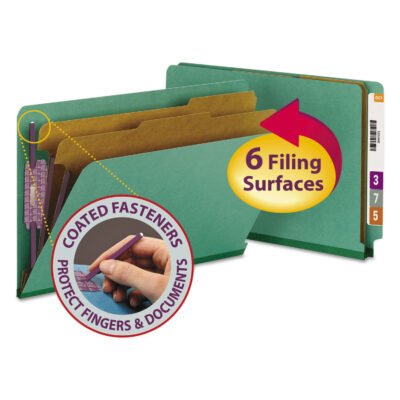 End Tab Pressboard Classification Folders, Six SafeSHIELD Fasteners, 2″ Expansion, 2 Dividers, Legal Size, Green, 10/Box