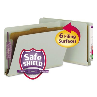 End Tab Pressboard Classification Folders, Four SafeSHIELD Fasteners, 2″ Expansion, 1 Divider, Legal Size, Gray-Green, 10/Box