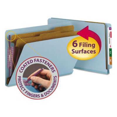 End Tab Pressboard Classification Folders, Six SafeSHIELD Fasteners, 2″ Expansion, 2 Dividers, Legal Size, Blue, 10/Box