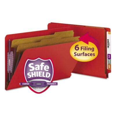 End Tab Pressboard Classification Folders, Six SafeSHIELD Fasteners, 2″ Expansion, 2 Dividers, Legal Size, Bright Red, 10/Box