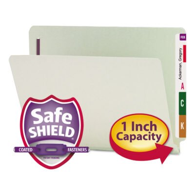 End Tab Pressboard Classification Folders, Two SafeSHIELD Coated Fasteners, 1″ Expansion, Letter Size, Gray-Green, 25/Box