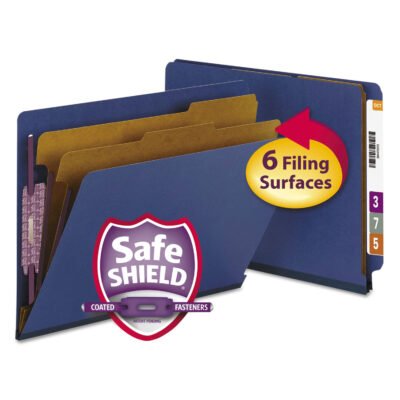 End Tab Pressboard Classification Folders, Six SafeSHIELD Fasteners, 2″ Expansion, 2 Dividers, Letter Size, Dark Blue, 10/Box