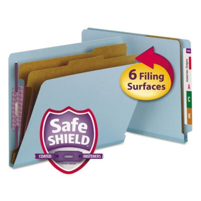 End Tab Pressboard Classification Folders, Six SafeSHIELD Fasteners, 2″ Expansion, 2 Dividers, Letter Size, Blue, 10/Box