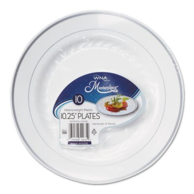 Masterpiece Plastic Plates, 10.25″ dia, White with Silver Accents, Round, 10/Pack, 12 Packs/Carton