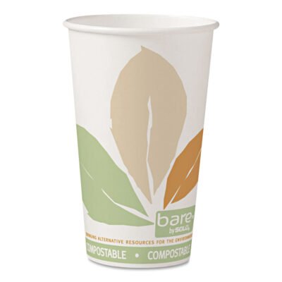 Bare Eco-Forward PLA Paper Hot Cups, 16 oz, Leaf Design, White/Green/Orange, 1,000/Carton