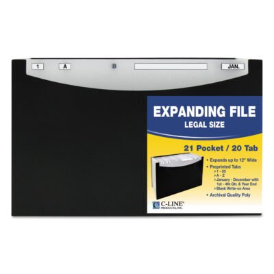 21-Pocket Stand-Up Design Expanding File, 12″ Expansion, 21 Sections, 1/5-Cut Tabs, Legal Size, Black