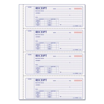 Money Receipt Book, Softcover, Two-Part Carbonless, 7 x 2.75, 4 Forms/Sheet, 200 Forms Total