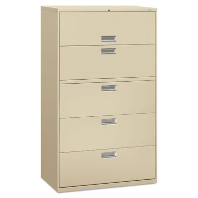 Brigade 600 Series Lateral File, 4 Legal/Letter-Size File Drawers, 1 Roll-Out File Shelf, Putty, 42″ x 18″ x 64.25″