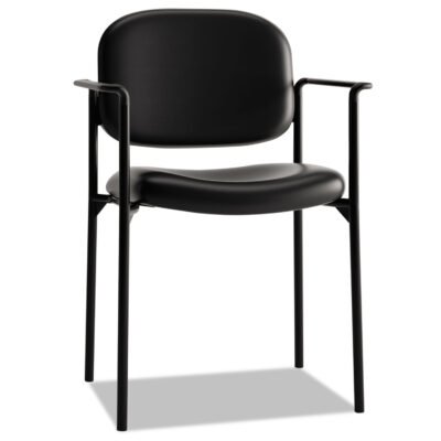 VL616 Stacking Guest Chair with Arms, Bonded Leather Upholstery, 23.25″ x 21″ x 32.75″, Black Seat, Black Back, Black Base