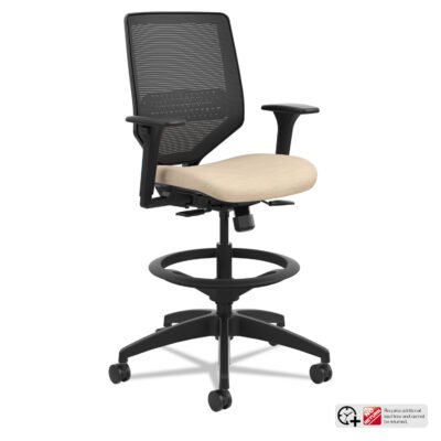 Solve Series Mesh Back Task Stool, Supports Up to 300 lb, 23″ to 33″ Seat Height, Putty Seat/Back, Black Base