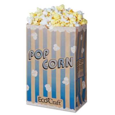 EcoCraft Grease-Resistant Popcorn Bags, 85 oz, 2-ply, 3.25″ x 8.63″, Blue Stripe/Natural, 500/Carton