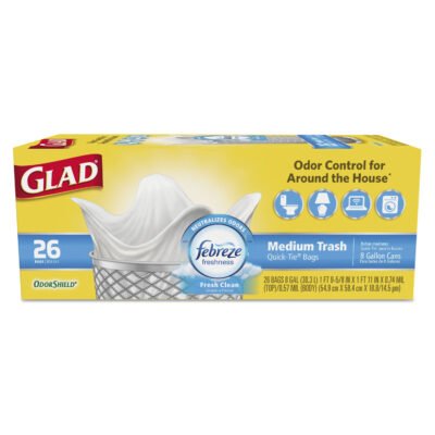OdorShield Medium Quick-Tie Trash Bags, 8 gal, 0.57 mil, 21.63″ x 23″, White, 26/Box