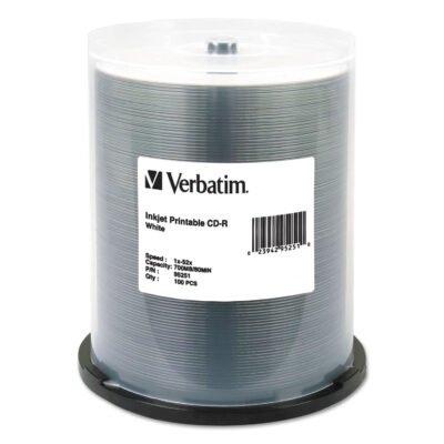 CD-R Printable Recordable Disc, 700 MB/80 min, 52x, Spindle, White, 100/Pack