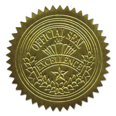 Self-Adhesive Embossed Seals, 2″ dia, Gold, 20/Sheet, 5 Sheets/Pack
