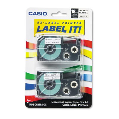 Tape Cassettes for KL Label Makers, 0.75″ x 26 ft, Black on Clear, 2/Pack