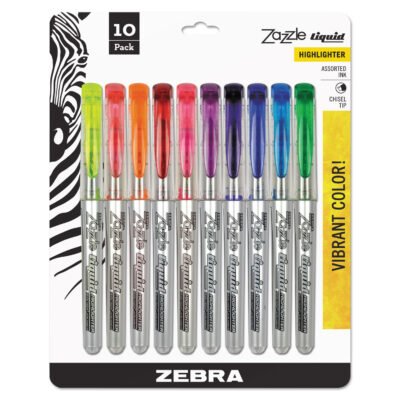 Zazzle Liquid Ink Highlighter, Assorted Ink Colors, Chisel Tip, Assorted Barrel Colors, 10/Set