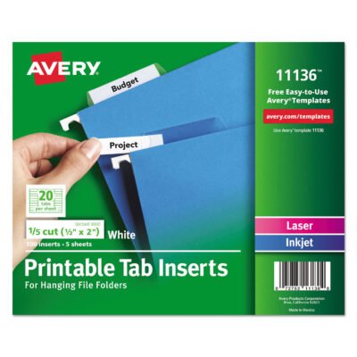 Tabs Inserts For Hanging File Folders, 1/5-Cut, White, 2″ Wide, 100/Pack