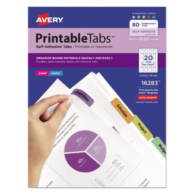 Printable Plastic Tabs with Repositionable Adhesive, 1/5-Cut, Assorted Colors, 1.75″ Wide, 80/Pack