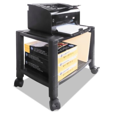 Height-Adjustable Under-Desk Printer Cart, Plastic, 2 Shelves, 60 lb Capacity, 20″ x 13.25″ x 14.13″, Black