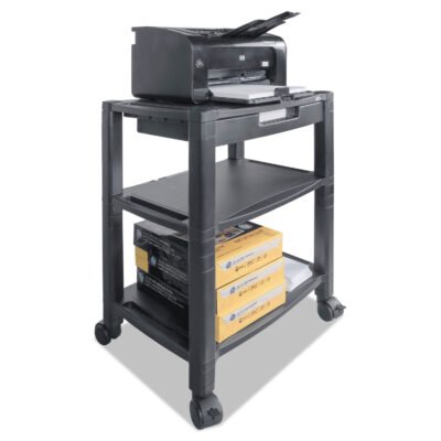 Height-Adjustable Deskside Printer Cart, Plastic, 3 Shelves, 1 Drawer, 60 lb Capacity, 20″ x 13.25″ x 24.5″, Black