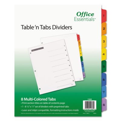 Table ‘n Tabs Dividers, 8-Tab, 1 to 8, 11 x 8.5, White, Assorted Tabs, 1 Set