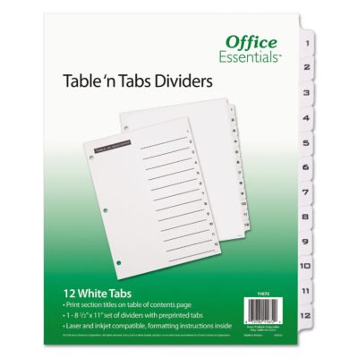Table ‘n Tabs Dividers, 12-Tab, 1 to 12, 11 x 8.5, White, White Tabs, 1 Set