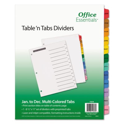 Table ‘n Tabs Dividers, 12-Tab, Jan. to Dec., 11 x 8.5, White, Assorted Tabs, 1 Set