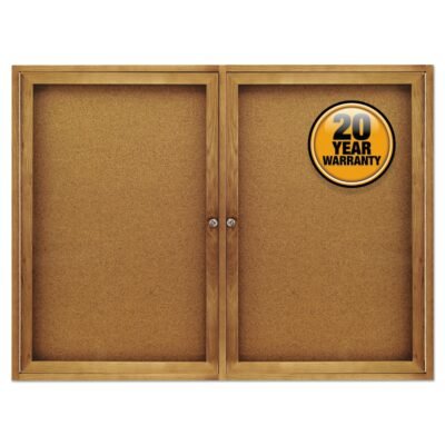 Enclosed Indoor Cork Bulletin Board with Two Hinged Doors, 48 x 36, Natural Surface, Oak Fiberboard Frame