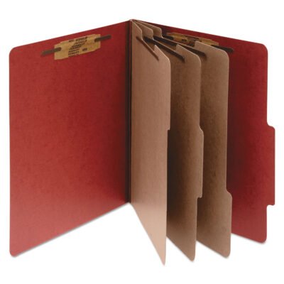 Pressboard Classification Folders, 4″ Expansion, 3 Dividers, 8 Fasteners, Legal Size, Earth Red Exterior, 10/Box