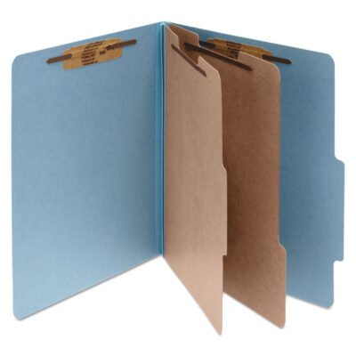 Pressboard Classification Folders, 3″ Expansion, 2 Dividers, 6 Fasteners, Legal Size, Sky Blue Exterior, 10/Box