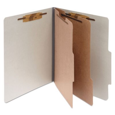 Pressboard Classification Folders, 3″ Expansion, 2 Dividers, 6 Fasteners, Letter Size, Mist Gray Exterior, 10/Box
