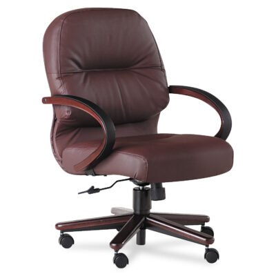 Pillow-Soft 2190 Managerial Mid-Back Chair, Supports 250 lb, 16.75″ to 21.25″ Seat Height, Burgundy Seat/Back, Mahogany Base