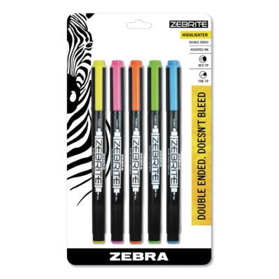 Zebrite Eco Double-Ended Highlighter, Assorted Ink Colors, Medium-Chisel/Fine-Bullet Tips, Assorted Barrel Colors, 5/Set